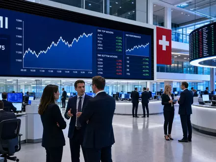Börsen-Editorial vom Handelsraum zeigt SMI-Indexkurse, symbolisiert Cie Financière Richemont, ISIN CH0210483332, an Schweizer Börse - Foto: THN