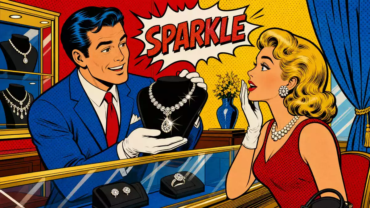 Pop-Art-Comic zeigt Verkäufer und Kundin mit funkelnder Halskette im Schmuckgeschäft