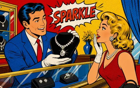 Pop-Art-Comic-Szene im Schmuckgeschäft repräsentiert humorvoll die Aktie Cie Financière Richemont, ISIN CH0210483332, Luxusgüter-Aktiengesellschaft - Foto: THN
