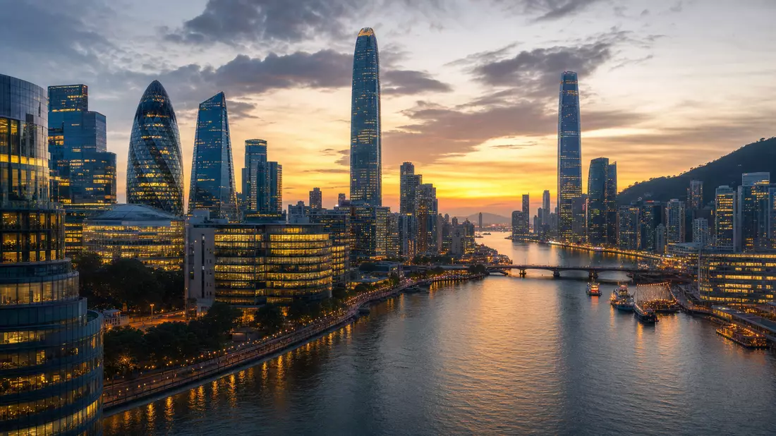 Skyline eines globalen Finanzzentrums bei Sonnenuntergang mit beleuchteten Bürotürmen