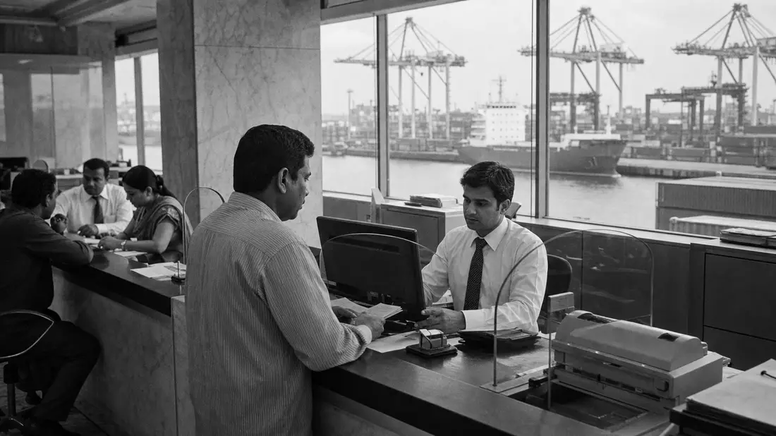 Schwarzweiß-Reportage einer Bankfiliale mit Blick auf einen Containerhafen
