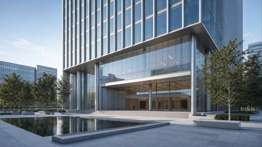 Architektur-Rendering eines modernen gläsernen Bankgebäudes mit Wasserbecken