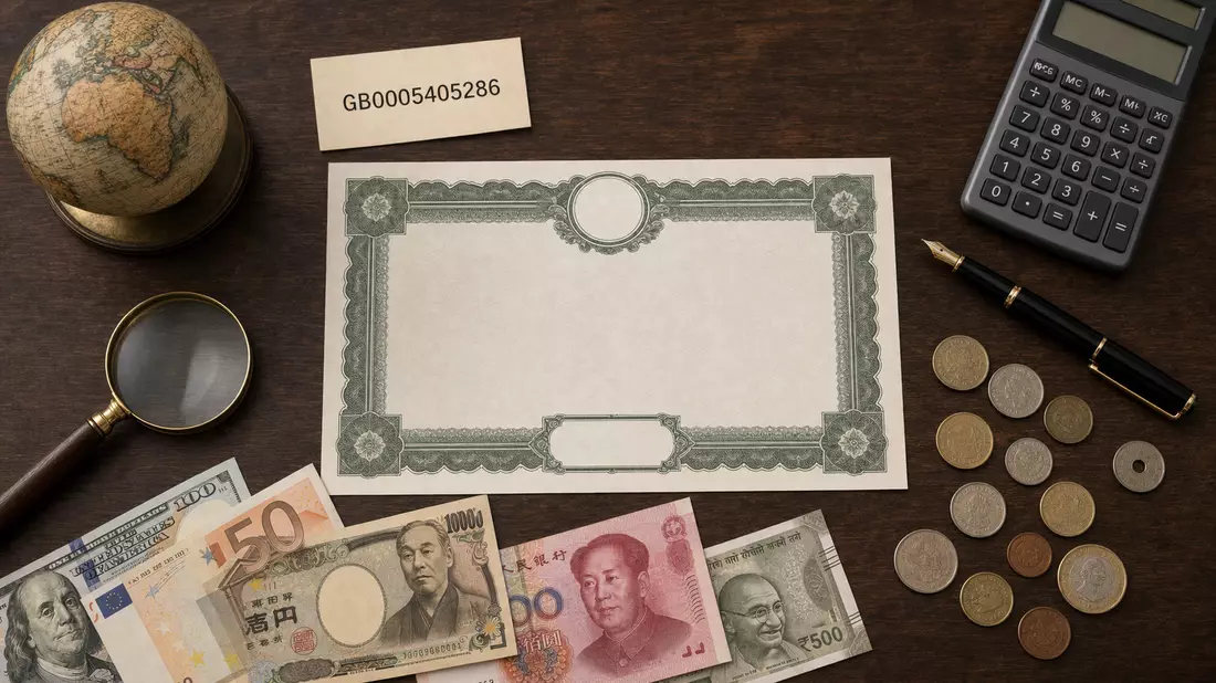 Flatlay mit Aktienzertifikat, ISIN-Karte und internationalen Banknoten auf Holztisch