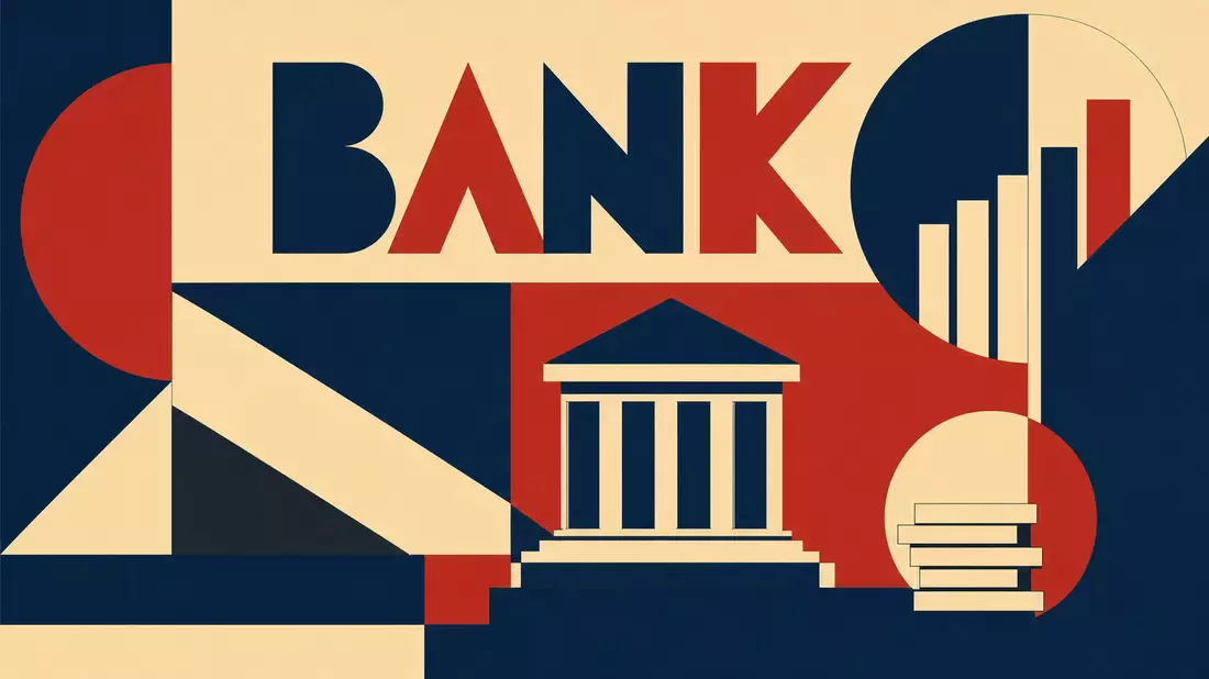 Geometrisches Bauhaus-Poster mit stilisiertem Bankgebäude und dem Wort BANK