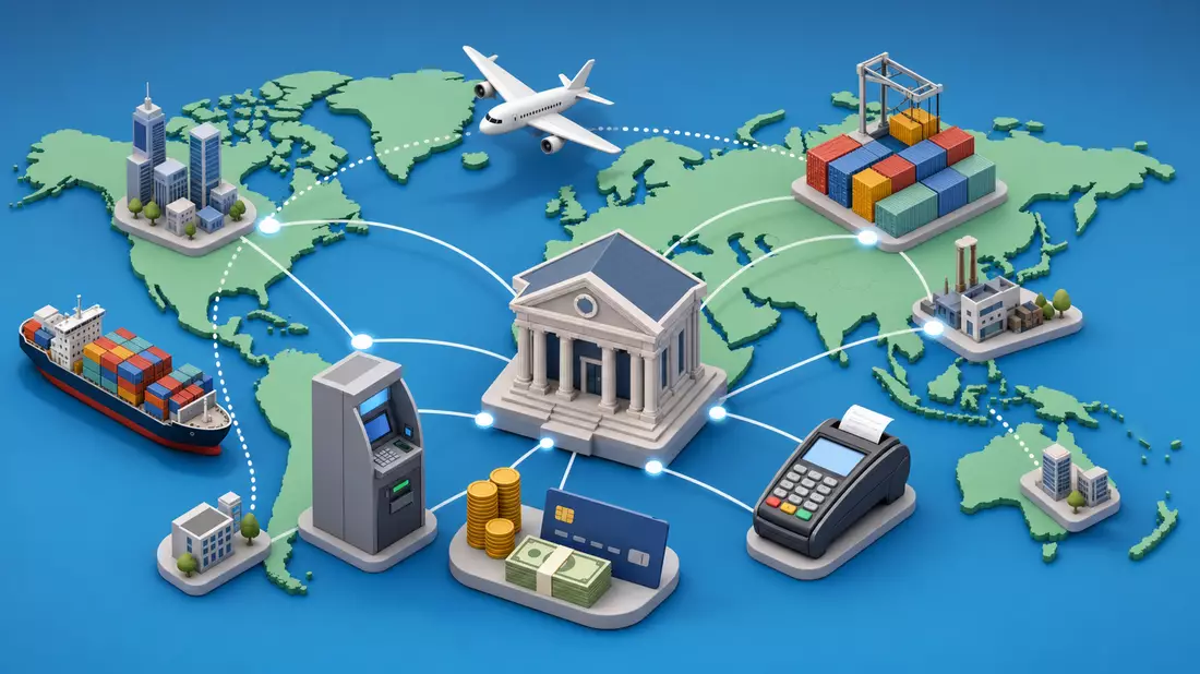 Isometrische 3D-Grafik einer globalen Bank-Wertschöpfungskette mit Schiff und Flugzeug