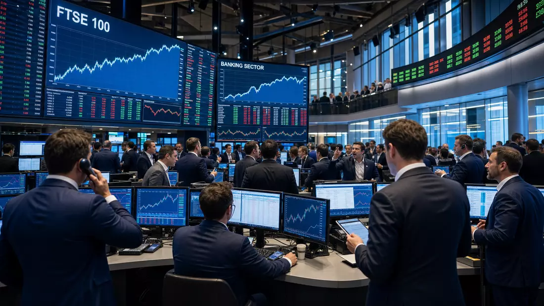 Trading-Floor mit Händlern in Anzügen vor Bildschirmen mit FTSE 100 Charts