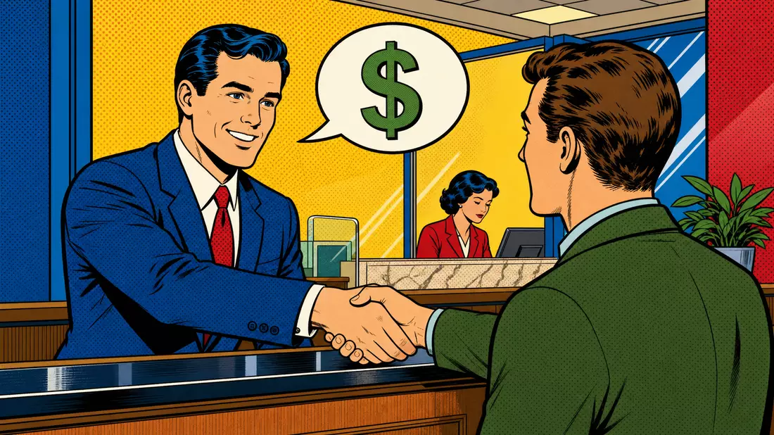 Pop-Art-Comic zeigt Handschlag zwischen Bankangestelltem und Kunde am Schalter