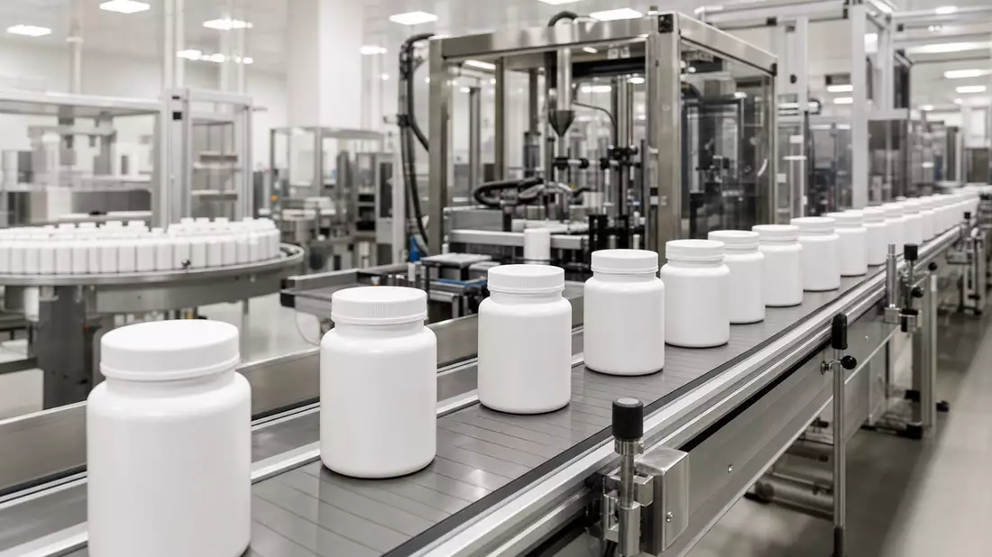 Produktionslinie mit unbeschrifteten weißen Kunststoffflaschen in Fabrikhalle