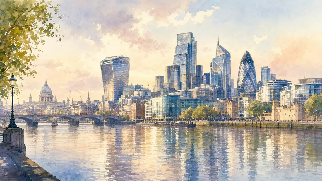 Aquarellmalerei der Londoner Skyline mit Wolkenkratzern und Themse bei sanftem Licht
