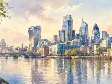 Unilever plc (ISIN GB00B10RZP78) hat ihren Unternehmenssitz in London, dargestellt in sanfter Aquarelltechnik am Flussufer - Foto: THN
