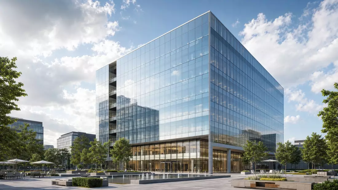 Architektonisches 3D-Rendering eines modernen gläsernen Bürohochhauses mit Platz davor