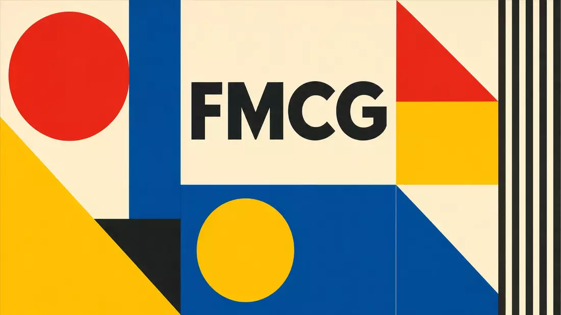 Bauhaus-Poster mit geometrischen Formen und dem Sektor-Kürzel FMCG in kräftigen Farben