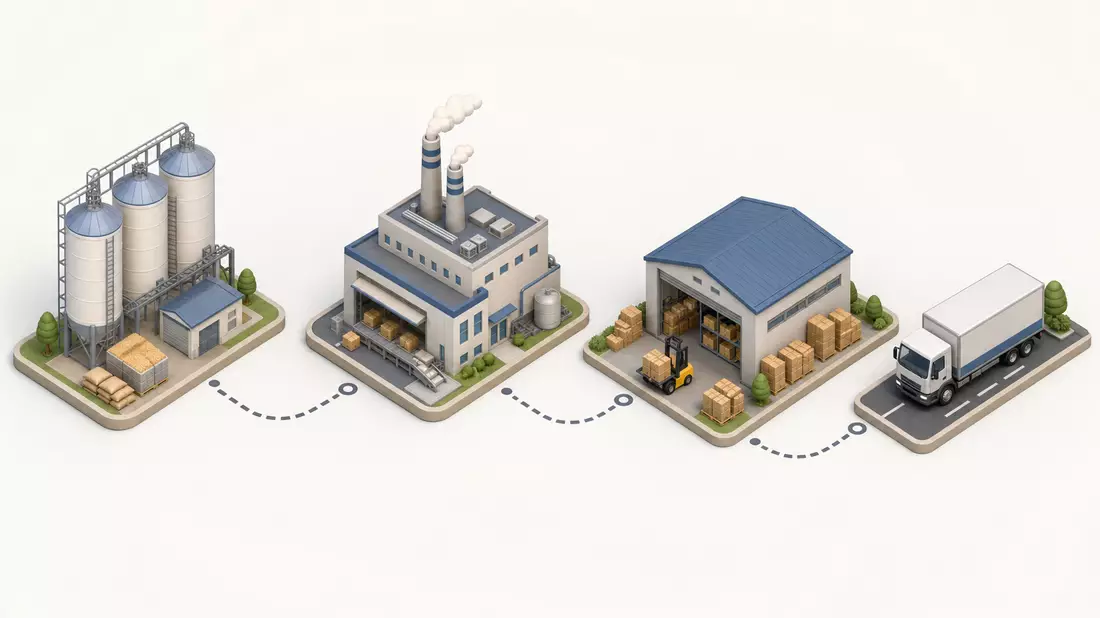 Isometrische 3D-Illustration einer Lieferkette mit Fabrik, Lager und Lastwagen