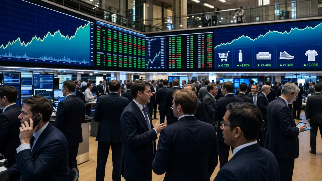Editorialfoto vom Börsenhandelssaal London mit Händlern und Aktienkurs-Charts