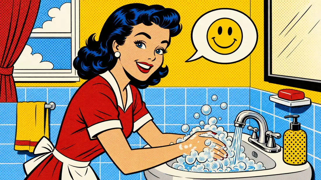 Pop-Art-Comic einer lächelnden Frau beim Händewaschen mit bunten Schaumblasen