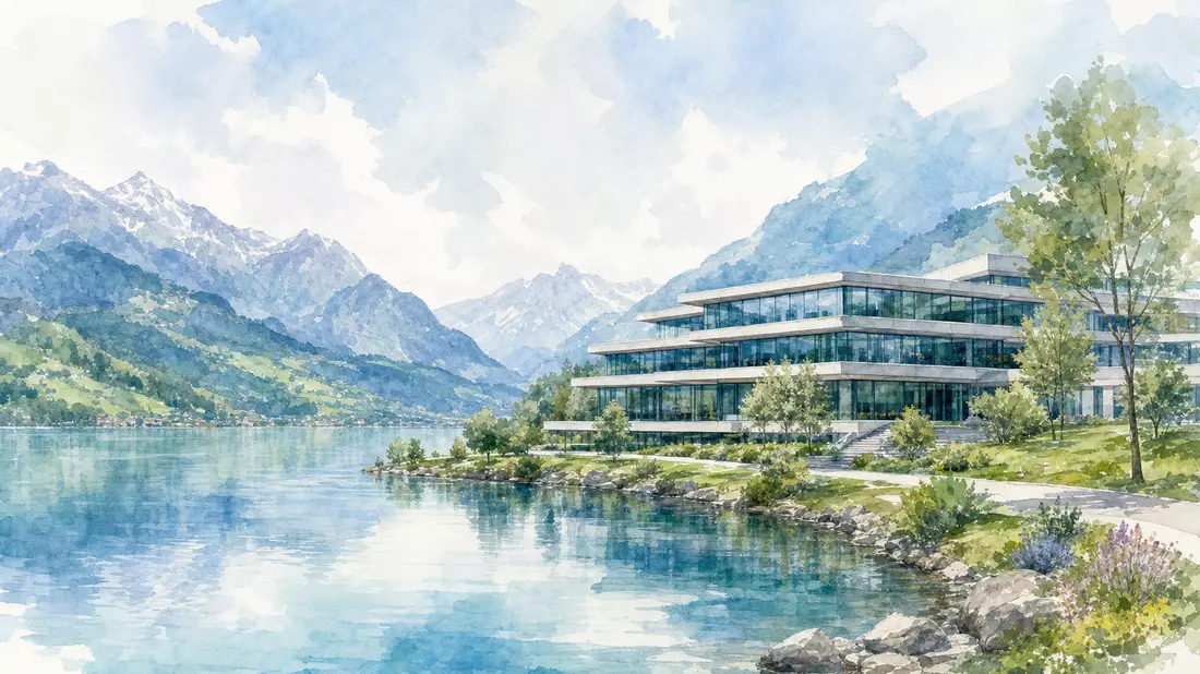 Aquarellmalerei eines modernen Bürogebäudes am See vor Schweizer Bergpanorama
