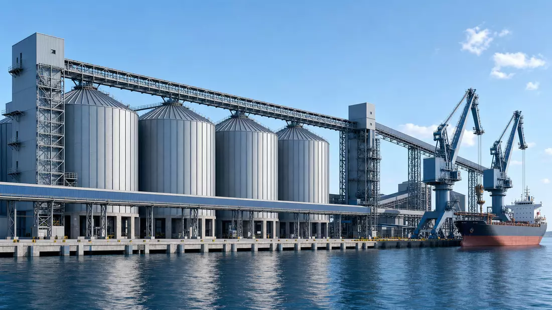3D-Render eines Exportterminals mit Silos, Kränen und Frachtschiff am Kai
