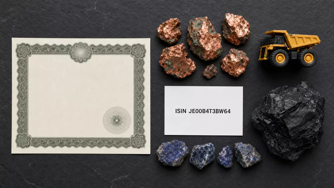 Flatlay mit Aktienzertifikat, Kupfer- und Kohlebrocken sowie ISIN-Karte auf dunklem Untergrund