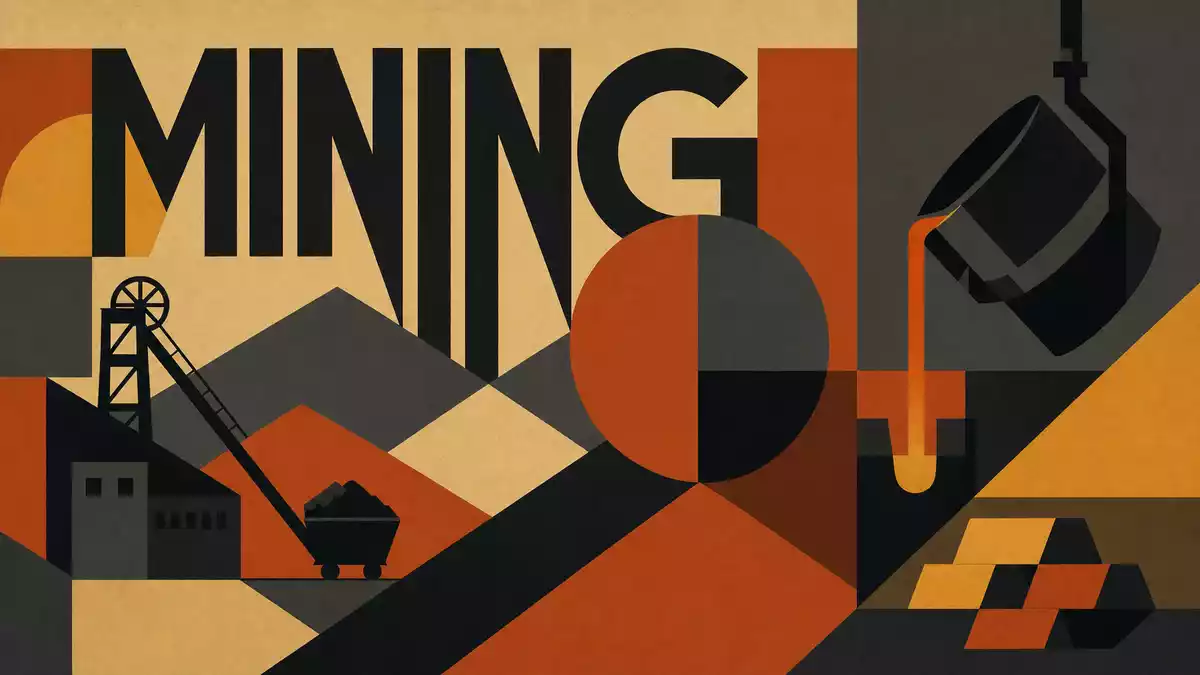 Bauhaus-Poster mit geometrischen Formen und Schriftzug MINING in Ockertönen