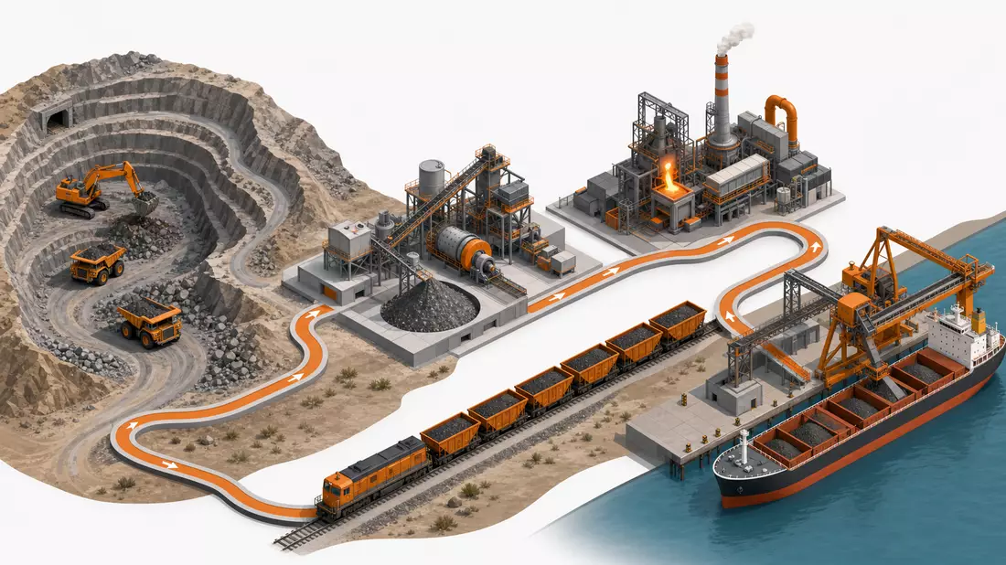 Isometrische Illustration der Lieferkette von Bergwerk über Zug bis Verladehafen