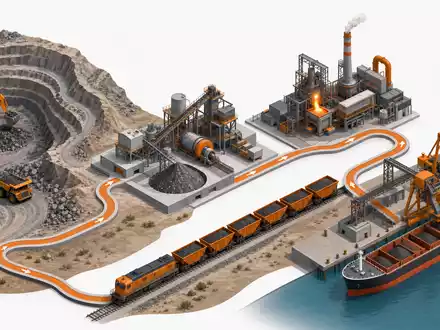 Isometrische Grafik zeigt die Wertschöpfungskette von Mine bis Hafen, wie bei Glencore plc, ISIN JE00B4T3BW64 - Foto: THN