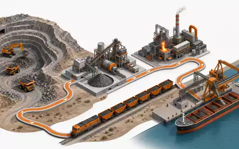 Isometrische Grafik zeigt die Wertschöpfungskette von Mine bis Hafen, wie bei Glencore plc, ISIN JE00B4T3BW64 - Foto: THN