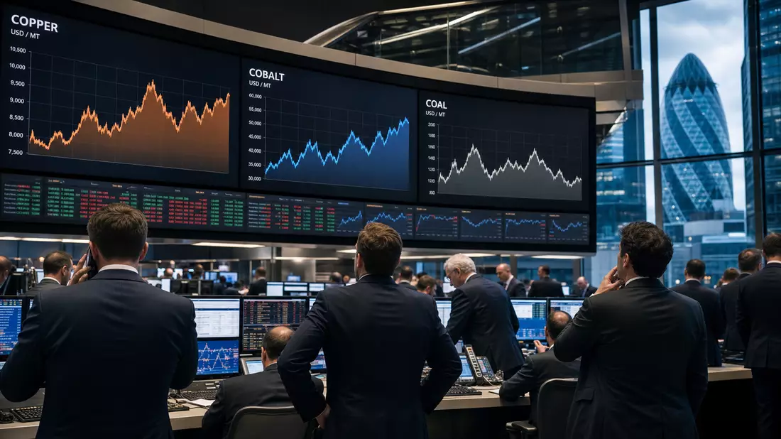 Trader beobachten Kupfer-, Kobalt- und Kohlecharts auf großen Bildschirmen im Handelssaal