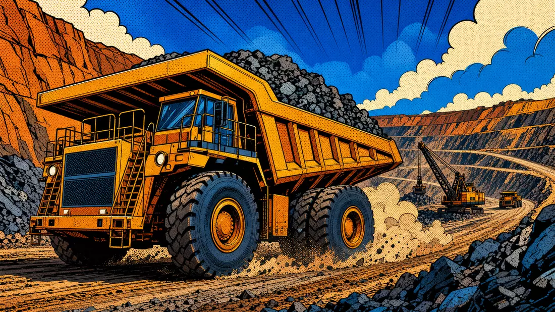 Comic-Illustration eines gelben Muldenkippers mit Gestein im Tagebau, Pop-Art-Stil