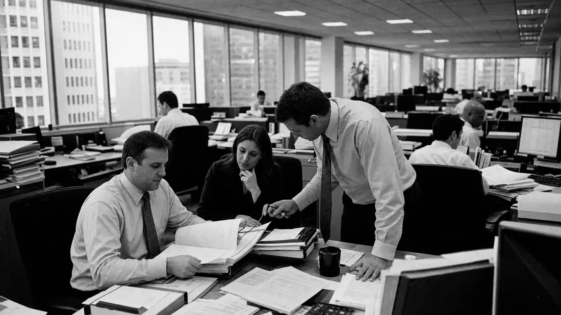 Schwarz-Weiß Reportage: Versicherungsbroker im Büro bei der Arbeit