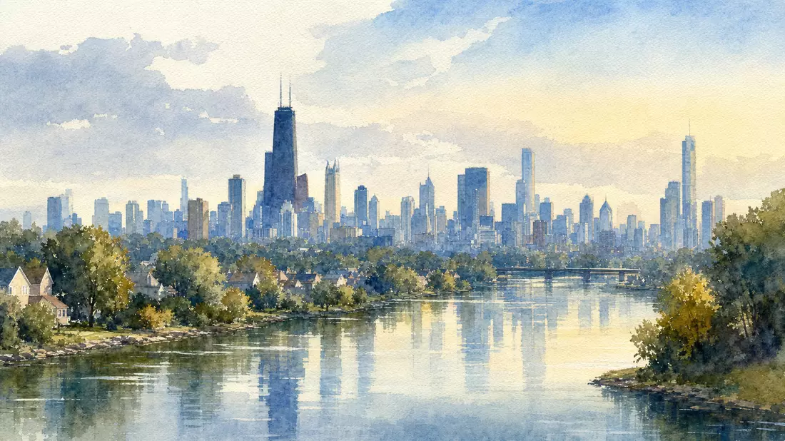 Aquarellmalerei Chicago Skyline mit Flussreflexionen, Heimat von Gallagher