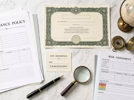 Flatlay mit Aktienzertifikat und ISIN-Karte US3635761097 für Arthur J. Gallagher & Co. Versicherungsbroker - Foto: THN
