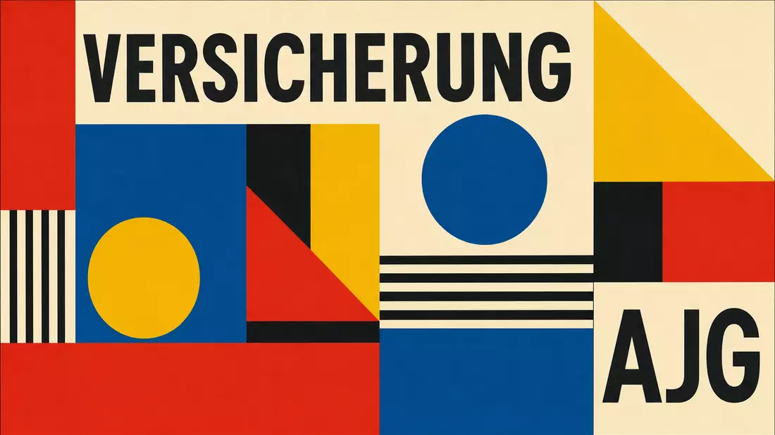 Bauhaus-Grafikposter mit VERSICHERUNG und AJG in Primärfarben