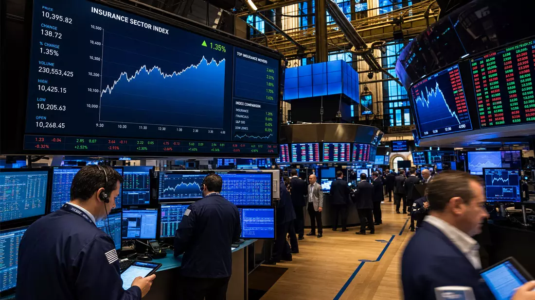 Editorial NYSE Handelsparkett mit Insurance Sector Index Charts und Händlern