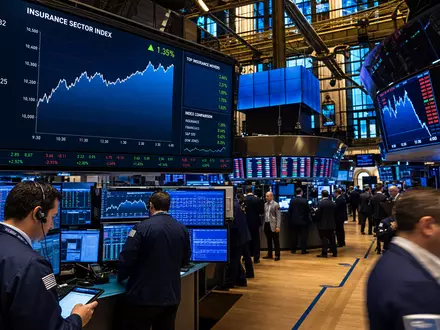 NYSE-Handelsparkett mit Versicherungssektor-Charts als Editorial-Szene für Arthur J. Gallagher & Co. US3635761097 - Foto: THN