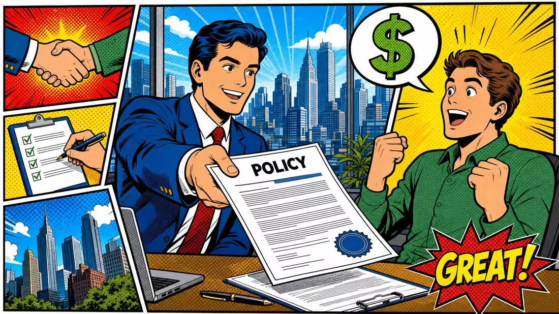 Pop-Art Comic Versicherungsbroker überreicht Polizendokument an begeisterten Kunden