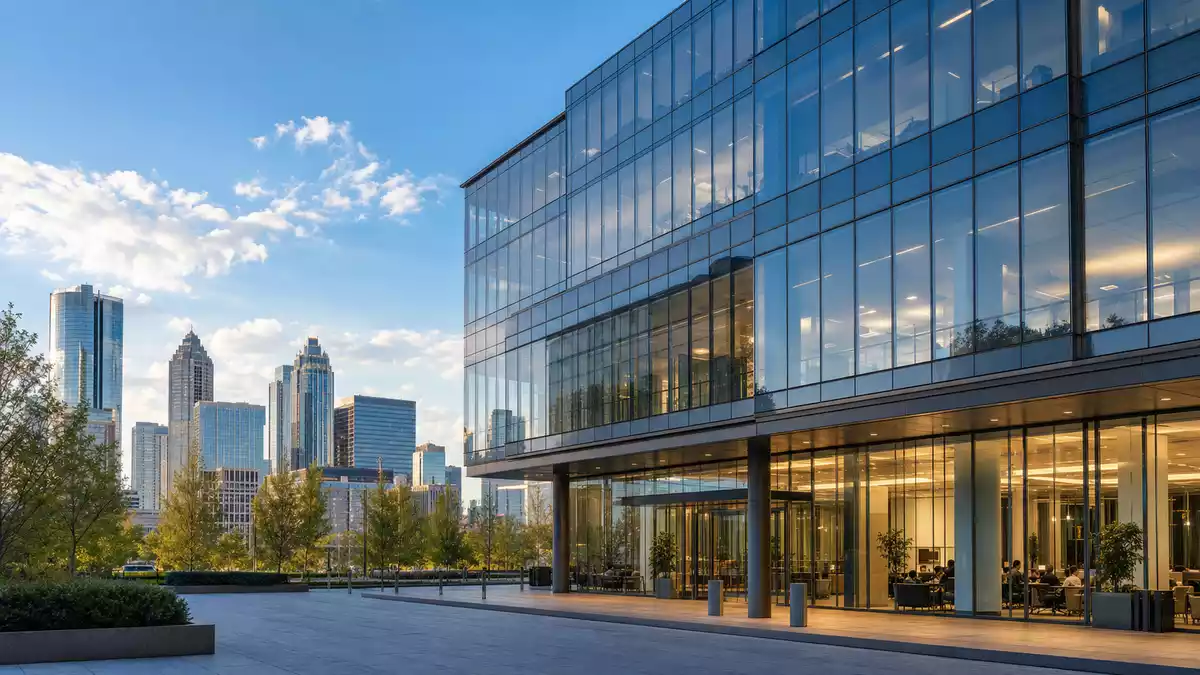 Modernes Bürogebäude eines Spezialversicherers in Atlanta mit Glasfassade und Skyline