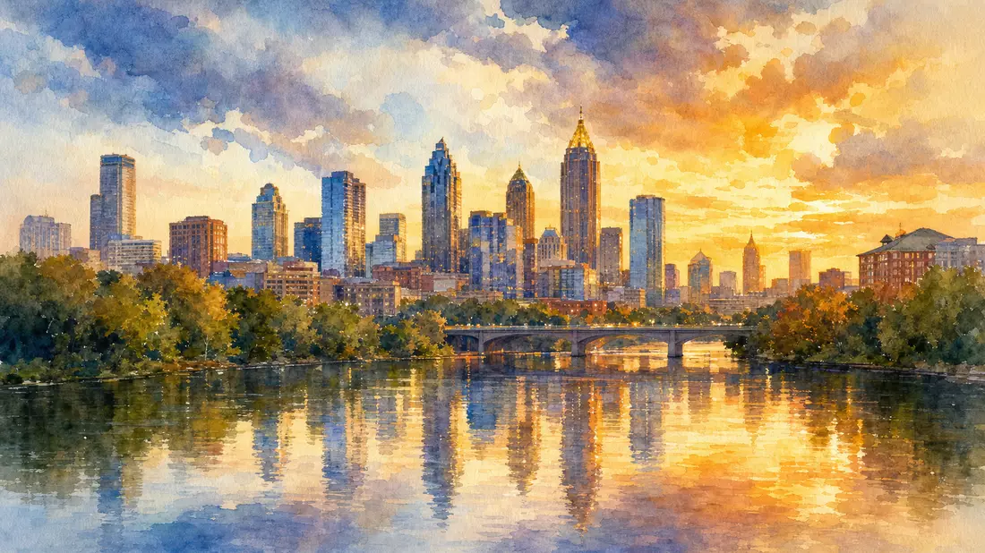Aquarellgemälde der Atlantaer Skyline bei Sonnenuntergang mit Flussreflexionen
