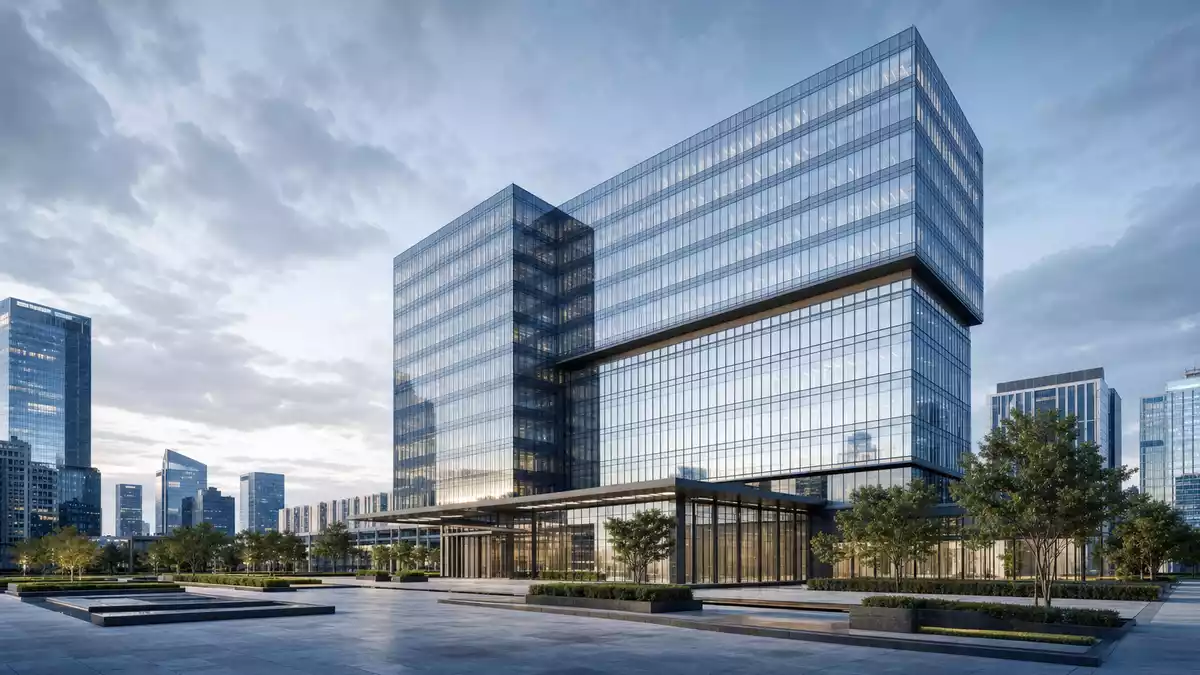 CGI-Architekturvisualisierung eines modernen Glasturms im Finanzviertel bei bewölktem Himmel