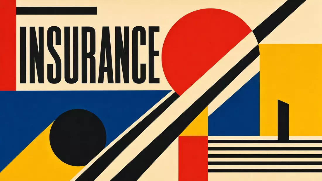 Bauhaus-Poster mit geometrischen Primärfarben und dem Wort INSURANCE in Blockbuchstaben