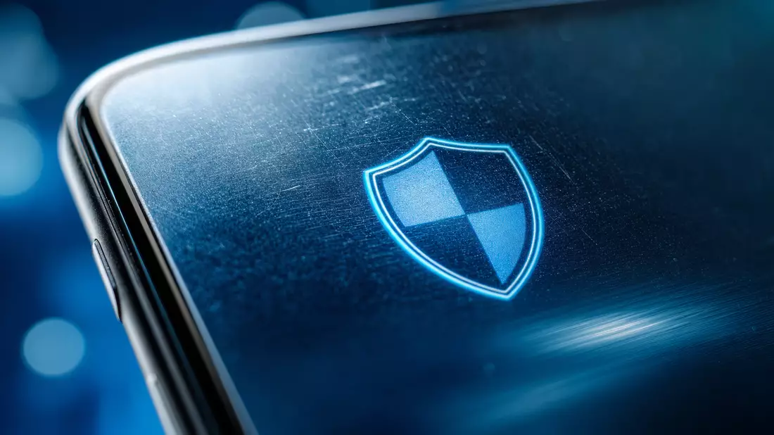 Extreme Makroaufnahme eines Smartphone-Displays mit leuchtendem Schutzschild-Icon in Blautönen