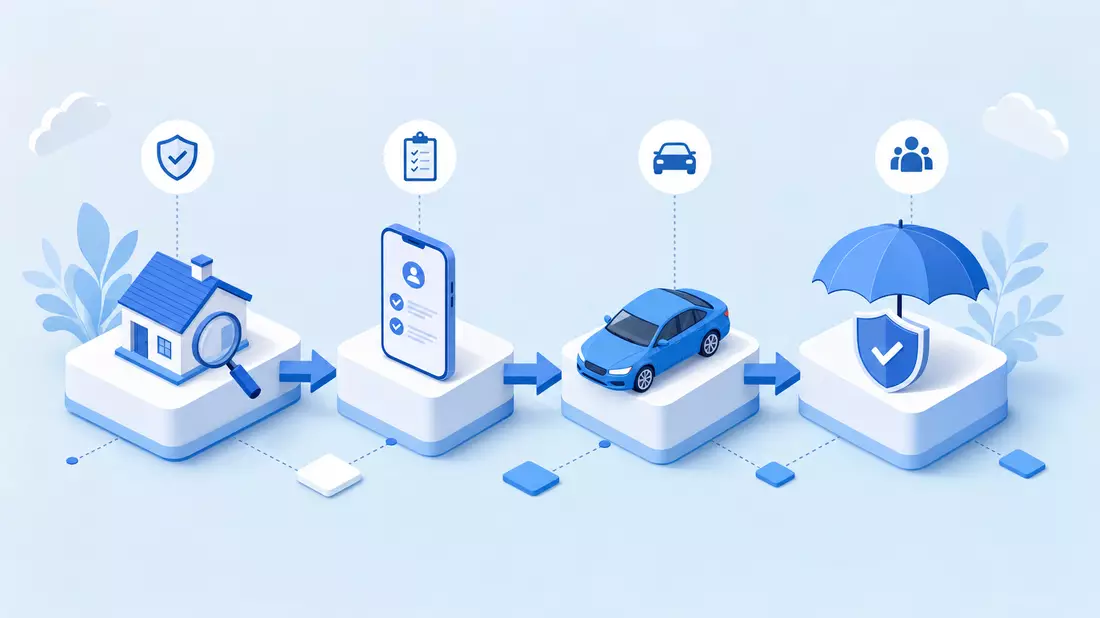 Isometrische 3D-Infografik der Versicherungswertschöpfungskette mit Haus, Smartphone, Auto und Schirm