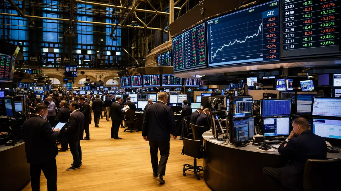 NYSE-Handelsparkett mit Händlern, Monitoren und Anzeigetafeln im Versicherungssektor