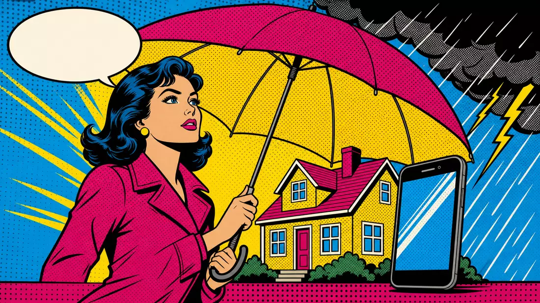 Pop-Art-Comic-Szene: Frau schützt Haus und Smartphone mit großem Regenschirm vor Sturm