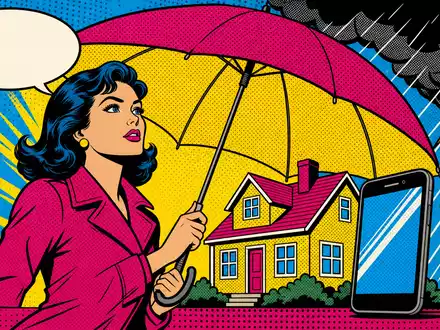 Assurant Inc. Schutzversprechen von US04621X1081 als bunter Pop Art Comic mit Regenschirm und Haus - Foto: THN