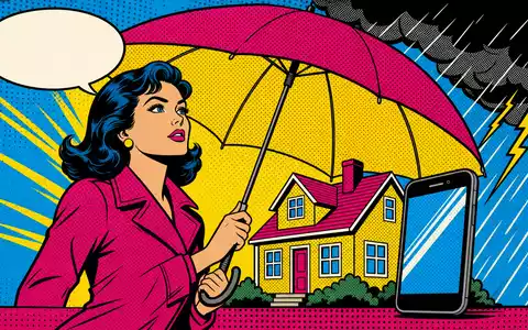Assurant Inc. Schutzversprechen von US04621X1081 als bunter Pop Art Comic mit Regenschirm und Haus - Foto: THN