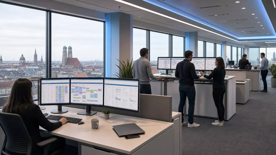 Modernes Münchner Softwarebüro mit Workforce-Management-Bildschirmen und Stadtpanorama