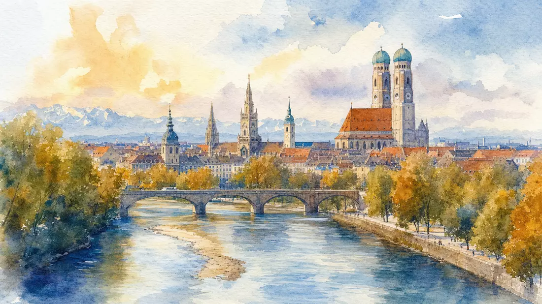 Aquarellgemälde der Münchner Stadtsilhouette mit Frauenkirche und Isar im Morgenlicht