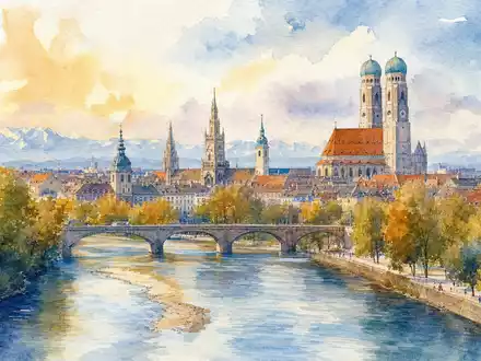 ATOSS Software AG Heimatstadt München im Aquarellstil mit Isar und Frauenkirche, ISIN DE0005104400 - Foto: THN
