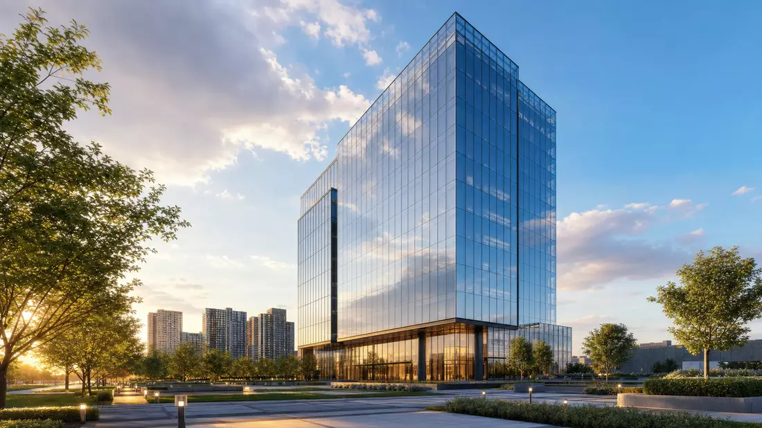 CGI-Render eines modernen Glas-Stahl-Büroturms im Abendlicht mit gepflegtem Außengelände