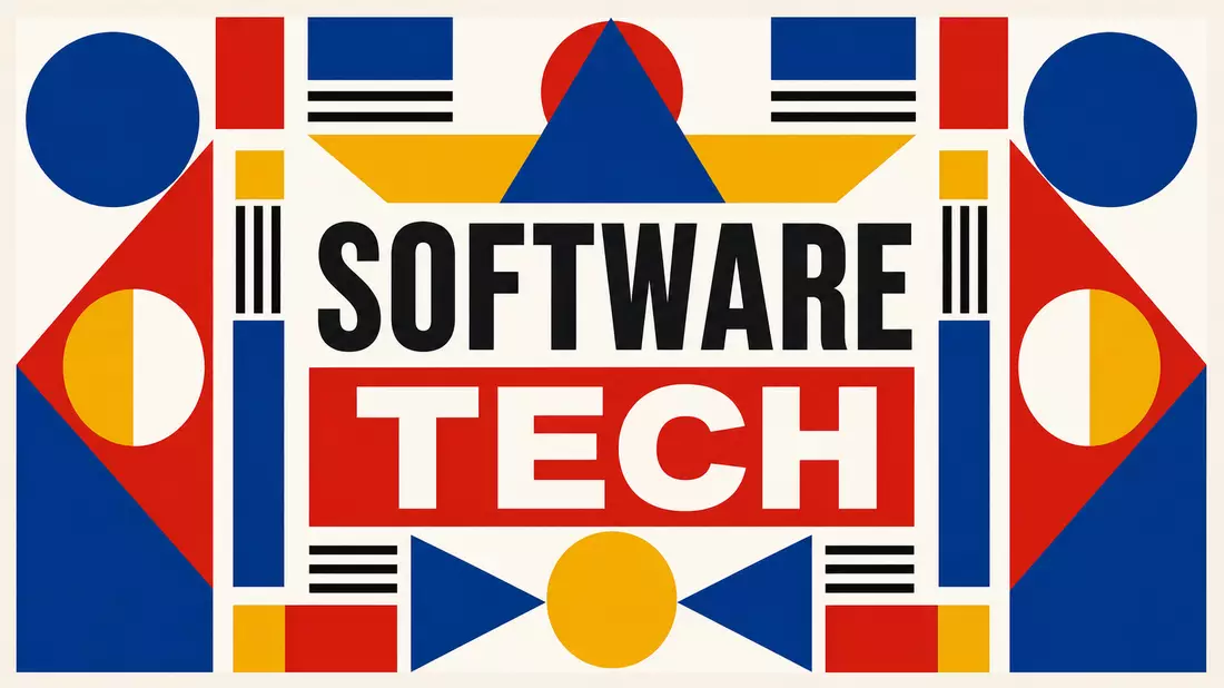 Geometrisches Bauhaus-Poster mit fetten Formen und SOFTWARE TECH Typografie in Primärfarben